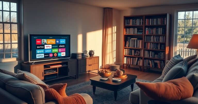 A cozy living room with a vintage TV showing colorful streaming app logos, surrounded by a soft, inviting couch and snacks on a coffee table. A large window lets in warm sunlight, casting gentle shadows, while a bookshelf filled with DVDs and games adds a nostalgic touch, creating a perfect setting for a cable-free evening.