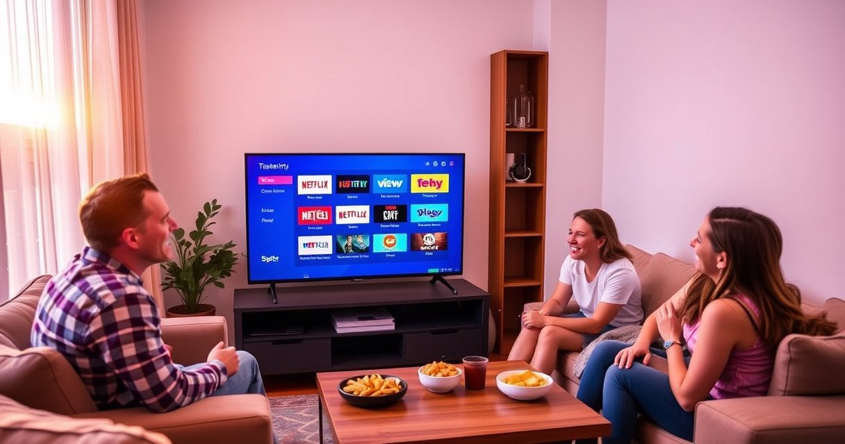 A cozy living room scene featuring a modern smart TV displaying a vibrant array of colorful streaming icons, surrounded by a comfortable couch, snacks on a coffee table, and a window revealing a bright sunset. A family gathers, engaged in laughter and conversation, showcasing the joy of cable-free entertainment.