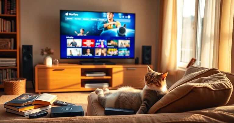 A cozy living room bathed in warm light, featuring a sleek flat-screen TV displaying vibrant streaming options. A curious cat lounges on a plush couch, surrounded by an array of gadgets like a streaming device and remote controls. Books and snacks are scattered, evoking a relaxed, tech-savvy atmosphere perfect for enjoying entertainment without an antenna.