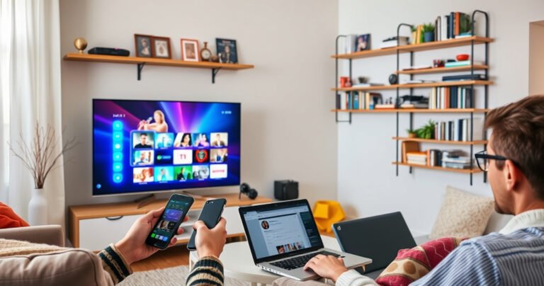 A cozy living room with a sleek, modern TV displaying vibrant streaming apps, surrounded by comfortable furniture and colorful decor. A person is multitasking, holding a smartphone and a remote, with a laptop open nearby. Wall-mounted shelves are filled with tech gadgets and books, creating a warm, inviting atmosphere that inspires creativity and innovation.
