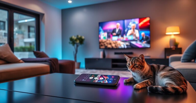 A sleek modern living room with a large flat-screen TV, glowing with vibrant colors from a streaming show, surrounded by cozy furniture. A smartphone on a stylish coffee table displays a Bluetooth connection screen. Soft ambient lighting creates a warm atmosphere, while a curious cat lounges nearby, adding a touch of homely charm to the scene.