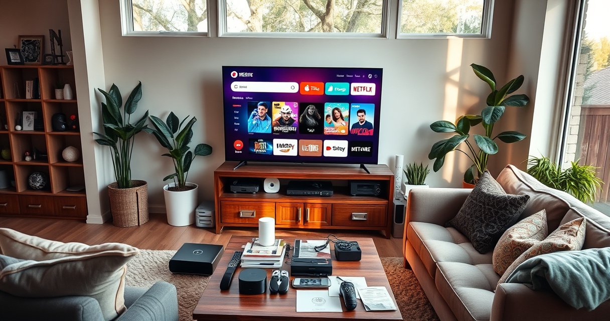 A cozy living room with a sleek, modern TV displaying vibrant streaming icons, surrounded by smart home devices like a voice assistant and smart lights. Warm light filters through large windows, illuminating a comfortable sofa, decorative plants, and a coffee table adorned with tech gadgets and instruction manuals, creating an inviting atmosphere for tech upgrades.