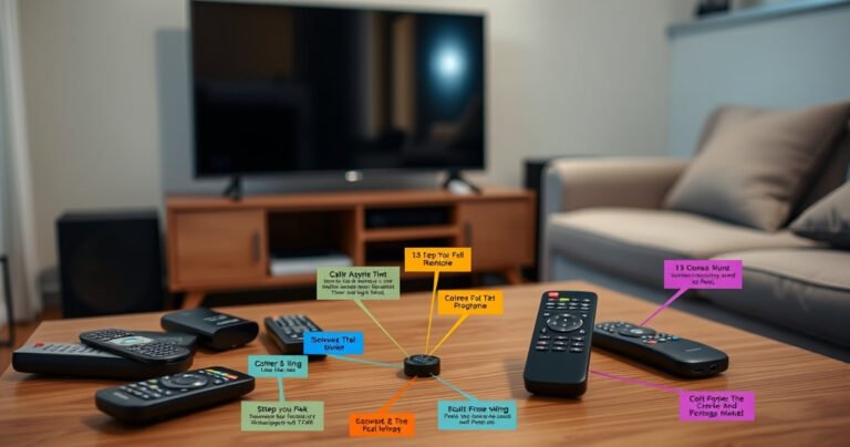 A cozy living room with a modern TV and a stylish coffee table, surrounded by various remotes, including a sleek cable remote, colorful diagrams of programming steps scattered around. Soft, warm lighting highlights the scene, with a comfortable couch in the background, inviting viewers to explore the world of home entertainment.