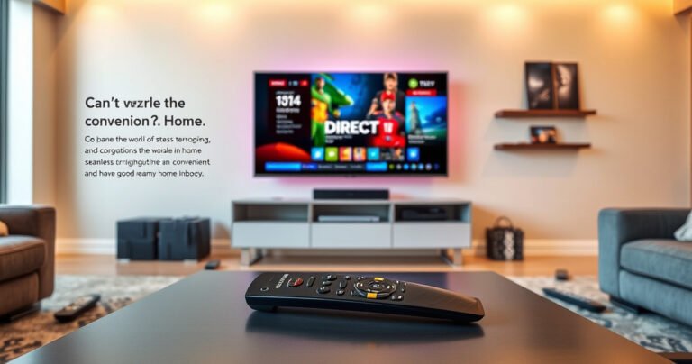 A sleek, modern living room featuring a stylish TV and a DIRECTV remote nestled on a coffee table, surrounded by a cozy atmosphere with soft lighting. The wall displays a vibrant entertainment setup, hints of technology, and a few scattered remotes, inviting viewers to explore the world of seamless programming and convenience in home entertainment.