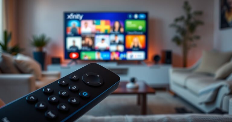 A sleek Xfinity remote in the foreground, its buttons glowing softly, set against a vibrant living room backdrop with a modern TV displaying colorful streaming options. Warm cozy lighting casts gentle shadows, while a few scattered tech gadgets hint at DIY solutions, inviting viewers to explore the world of seamless entertainment control.