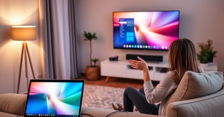 A modern living room with a sleek laptop connected to a large flat-screen TV, displaying a vibrant screen mirroring the laptop's interface. Soft ambient lighting highlights a cozy sofa, while a user gestures excitedly, showing a friendly, approachable atmosphere. Add subtle tech elements like cables and a remote, emphasizing convenience and simplicity in tech use.