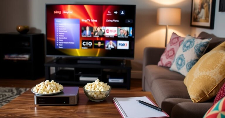 A cozy living room with a large flat-screen TV displaying a vibrant Sling TV interface, a sleek DVR device nearby, and a comfy couch adorned with colorful throw pillows. Soft ambient lighting highlights a bowl of popcorn on the coffee table, while a notepad and pen suggest plans for recording favorite shows.