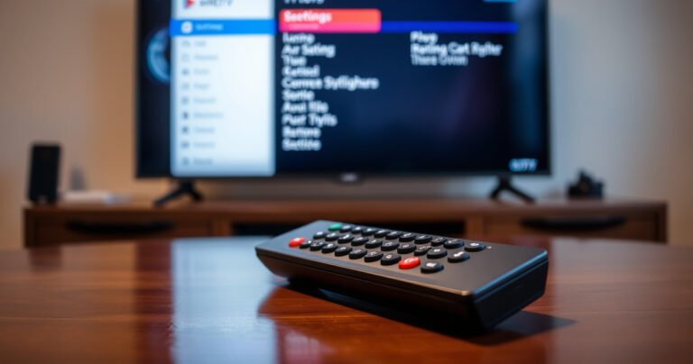 A close-up of a sleek, modern DIRECTV remote control resting on a glossy wooden table, surrounded by vibrant TV settings menus displayed on a large flat-screen TV in the background. Soft, warm lighting enhances the remote's buttons, while hints of an inviting living room atmosphere create a cozy and tech-savvy ambiance.