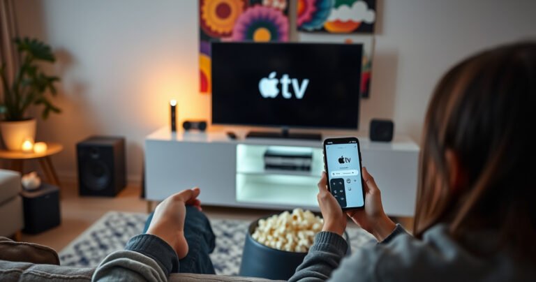A cozy living room scene featuring a sleek Apple TV on a modern entertainment unit, surrounded by tech gadgets. A user is holding a smartphone with the Apple TV remote app open, sitting on a plush sofa, soft ambient lighting creating a welcoming atmosphere, with a bowl of popcorn on the coffee table and a vibrant wall art in the background.