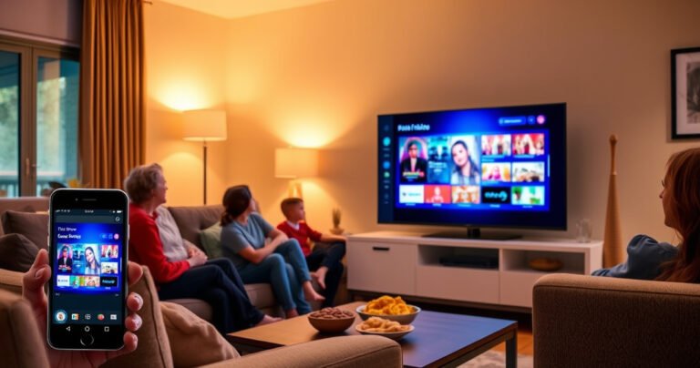 A cozy living room with a sleek TV displaying a vibrant screen-sharing interface, surrounded by a comfortable sofa, snacks on a coffee table, and a family eagerly watching together, warm lighting creating a welcoming atmosphere, while a smartphone rests nearby, showcasing the screen-casting app, blending technology and family enjoyment seamlessly.
