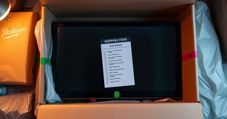 A sturdy cardboard box surrounded by packing materials, with a large flat-screen TV gently nestled inside. Brightly colored tape seals the box, while a checklist of shipping steps lies on top. Soft lighting casts a warm glow, creating a sense of care and safety, evoking the importance of protecting valuable electronics during transport.