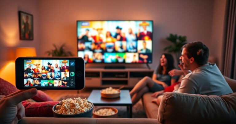 A cozy living room with a modern TV displaying vibrant streaming content, a smartphone in the foreground casting the screen, warm ambient lighting, a comfortable couch adorned with colorful cushions, a bowl of popcorn nearby, and a couple of excited friends gathered, pointing at the TV, showcasing a fun movie night atmosphere.