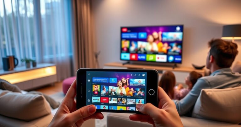 A modern living room with a sleek smartphone mirroring content on a large, vibrant smart TV. Soft ambient lighting enhances the cozy atmosphere, while a stylish couch and minimalistic decor invite relaxation. A family watches joyfully, with colorful app icons glowing on the TV screen, showcasing streaming options and engaging content.