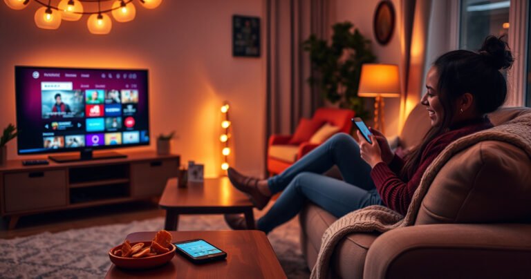A cozy living room with a modern TV displaying streaming apps, a smartphone on a coffee table, and a person comfortably seated on a couch, excitedly tapping their phone. Warm lighting surrounds the scene, with snacks on a side table and a soft blanket draped over the couch, creating an inviting, tech-savvy atmosphere.