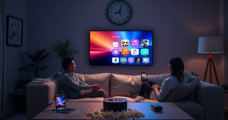 A cozy living room with a modern Apple TV displaying a vibrant interface, surrounded by various generations of Apple devices. Soft ambient lighting illuminates a plush couch with a family enjoying movie night, popcorn in hand. A wall clock subtly reveals the passing of time, symbolizing the evolution of technology through generations.