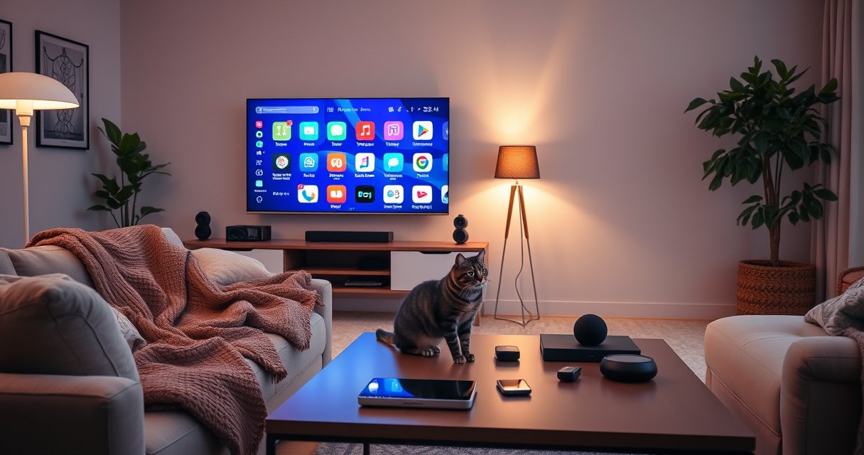 A cozy living room with a sleek, modern TV displaying vibrant smart apps, cozy blankets draped over a plush sofa, warm ambient lighting casting a soft glow, tech gadgets scattered on a stylish coffee table, and a curious cat peering at the screen, creating an inviting atmosphere for tech enthusiasts and home decorators alike.