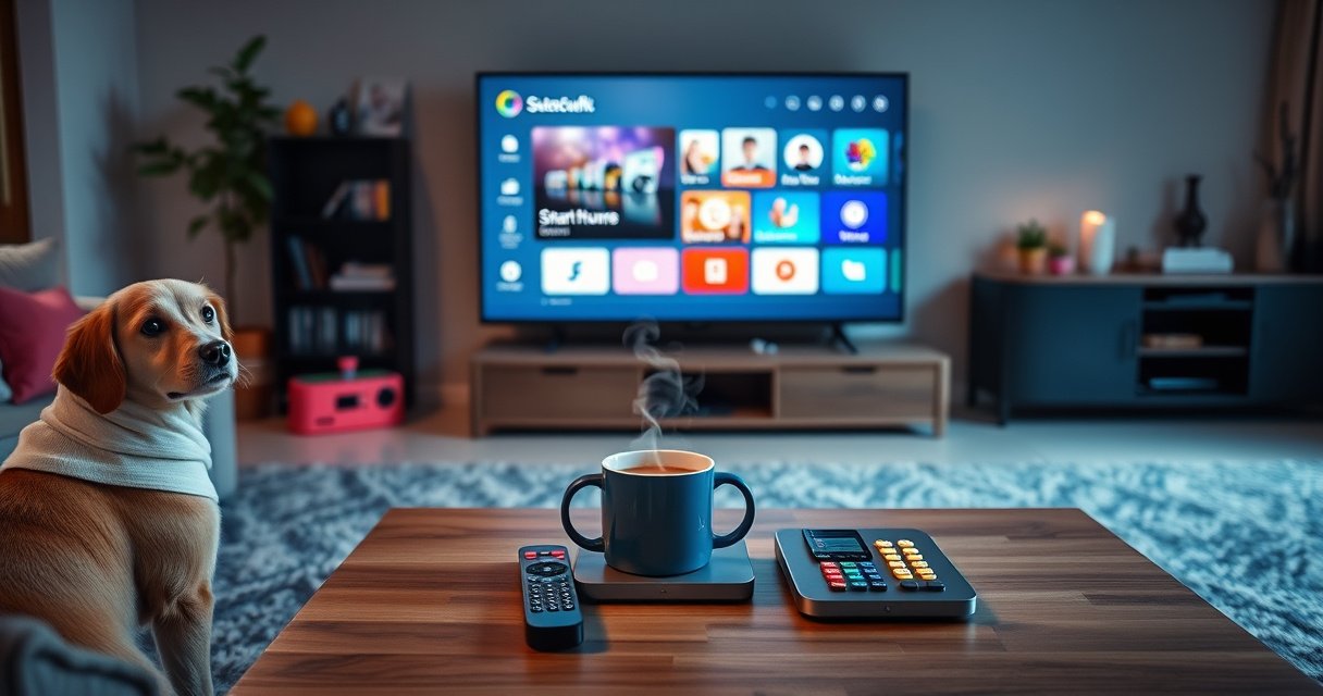 A cozy living room with a sleek, modern television displaying interactive smart features, surrounded by vibrant smart home gadgets, colorful remotes, and a steaming mug of coffee on a stylish coffee table. Soft, ambient lighting creates a welcoming atmosphere, while a curious pet watches nearby, hinting at a tech-savvy, family-friendly environment.