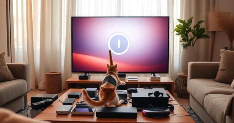 A cozy living room scene with a Hisense TV displaying a glowing power button, surrounded by a coffee table cluttered with remote-less gadgets. Soft morning light filters through sheer curtains, illuminating a curious cat pawing at the TV. A warm, inviting atmosphere, hinting at a tech-savvy solution to a common problem.