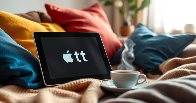 A cozy living room setting with a sleek Android tablet displaying the Apple TV logo, surrounded by soft pillows and a warm blanket. A steaming cup of coffee rests on a side table, while sunlight streams through a window, casting a glow on the vibrant colors of the space, inviting viewers to relax and enjoy.