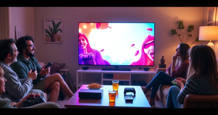 A cozy living room scene featuring a large flat-screen TV displaying Chive TV's vibrant graphics, surrounded by a group of friends laughing and enjoying snacks. Soft lighting creates a warm atmosphere, while gaming consoles and streaming devices are scattered nearby, showcasing various streaming options. A stylish coffee table holds remote controls and drinks, enhancing the inviting vibe.