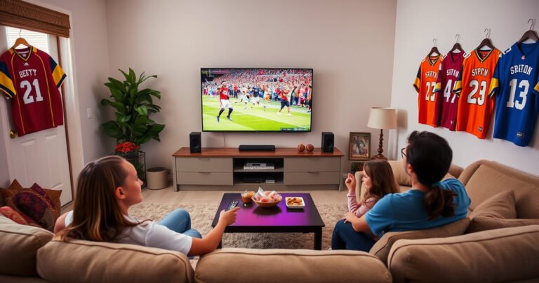 A cozy living room featuring a large flat-screen TV displaying an exciting live sports event, with a family gathered on a comfy sofa, snacks on a coffee table, and a remote control in hand. Brightly colored sports jerseys hang on the walls, creating an inviting atmosphere for watching ESPN3 together.