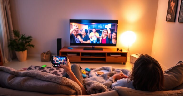 A cozy living room with a sleek modern TV displaying a vibrant smartphone screen mirroring a movie scene. A person sits comfortably on a plush couch, smartphone in hand, surrounded by soft blankets and snacks, illuminated by warm ambient lighting. Colorful technology gadgets are scattered around, creating an inviting atmosphere for a movie night.