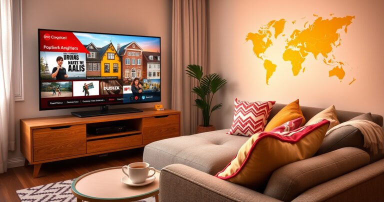 A cozy living room with a modern TV displaying vibrant German shows, a comfortable sofa with colorful cushions, a cup of steaming coffee on a side table, a window showcasing a sunny American neighborhood, and a world map on the wall highlighting Germany and the US, symbolizing cultural connection and entertainment access.