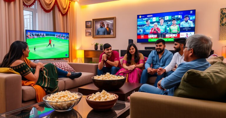 A cozy living room scene with a stylish sofa, colorful Indian decor, and a large TV displaying vibrant Indian channels. A bowl of popcorn sits on a coffee table, while a diverse group of friends, laughing and engaged, are gathered around, immersed in a cricket match. Warm lighting enhances the inviting atmosphere.