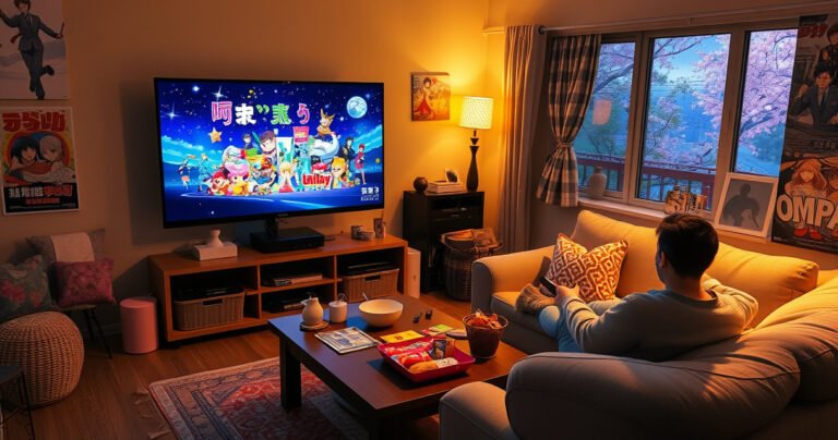 A cozy living room scene with a large TV displaying vibrant Japanese anime, colorful snacks on a table, a person sitting on a plush couch holding a remote, surrounded by posters of popular Japanese shows, warm lighting creating an inviting atmosphere, a window showing a glimpse of cherry blossoms outside, evoking a sense of cultural connection.