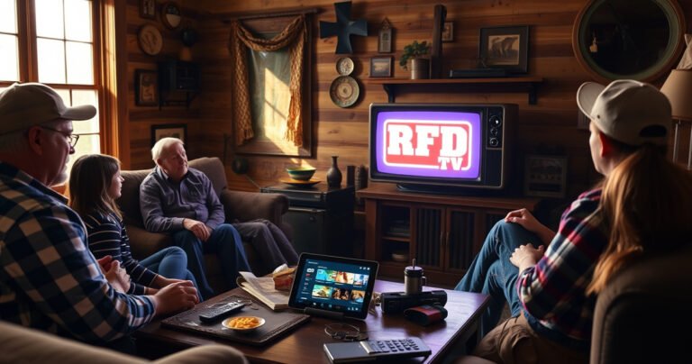 A cozy living room scene with a family gathered around a vintage television, bright RFD TV logo glowing on-screen. Walls adorned with rustic farm decor, sunlight streaming through a window, casting a warm glow. A coffee table cluttered with snacks, remote controls, and a tablet displaying streaming options, capturing the essence of rural entertainment.