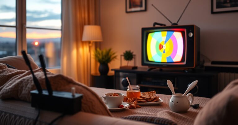 A cozy living room scene at dusk, featuring a vintage TV displaying a colorful antenna test pattern, surrounded by snacks and a steaming cup of tea. Soft, warm lighting illuminates a plush sofa, while streaming devices and rabbits ears antennas rest nearby, inviting viewers to enjoy a relaxed, cable-free TV experience.