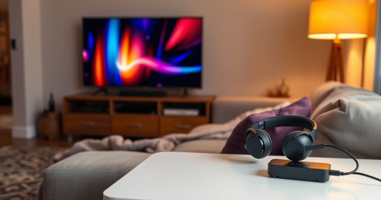 A cozy living room scene with a modern TV displaying vibrant colors, a comfortable couch adorned with soft blankets, and a stylish pair of sleek headphones resting on a side table. Warm light glows from a nearby lamp, creating an inviting atmosphere, while a minimalist setup showcases a neat arrangement of cables and a streaming device.