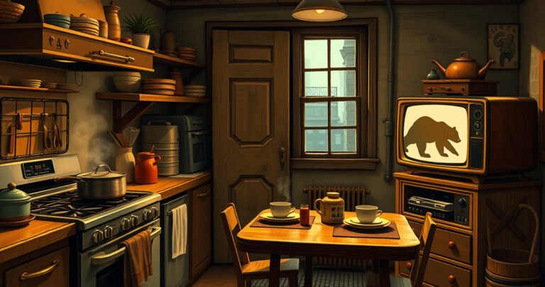 A cozy, urban kitchen filled with rustic charm, featuring a steaming pot on the stove, a small table set for two with bear-themed decor, and a vintage television in the corner showing an inviting bear silhouette. Warm, soft lighting casts a homely glow, inviting viewers into the world of culinary adventures and heartfelt stories.