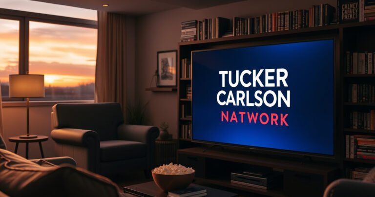 A cozy living room with a modern flat-screen TV displaying the Tucker Carlson Network logo. A comfortable armchair and a bowl of popcorn sit nearby, while soft ambient lighting creates an inviting atmosphere. In the background, bookshelves filled with various media and a window revealing a sunset sky enhance the scene's warmth and comfort.