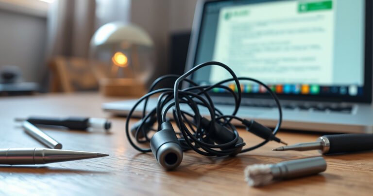 A close-up of a pair of tangled earbuds surrounded by various small tools like a screwdriver, tweezers, and a cleaning brush, all on a wooden table. In the background, a soft-focus laptop screen displays an open troubleshooting guide, while bright natural light streams in, illuminating the scene with an inviting warmth.