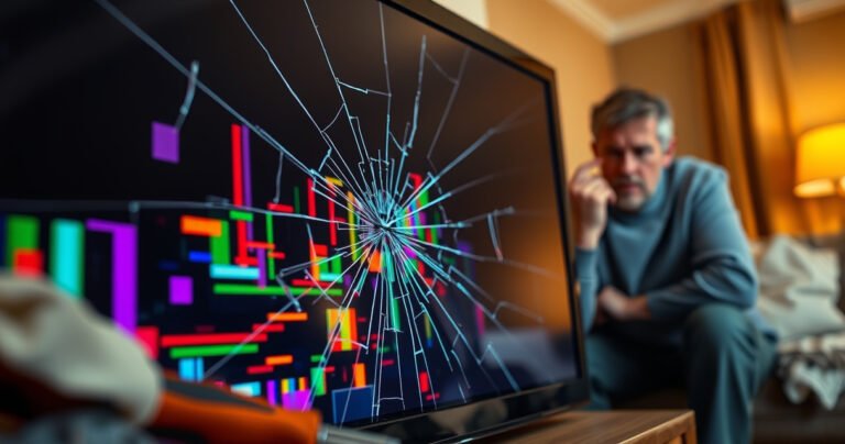A close-up of a cracked TV screen displaying colorful static, surrounded by tools like a screwdriver and a soft cloth, with a worried homeowner in the background examining the damage. Warm lighting illuminates the room, emphasizing the tension and urgency of the situation amidst a cozy living room setting.