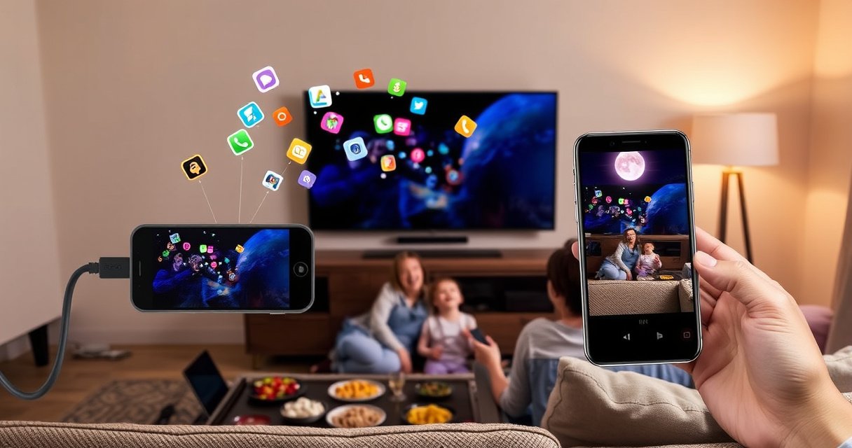 A cozy living room scene featuring a modern flat-screen TV displaying a smartphone screen mirrored onto it. A family sits on a comfortable couch, excitedly interacting with the TV, surrounded by snacks and dim lighting. Colorful app icons float in the air, symbolizing connectivity, while a sleek HDMI cable connects the phone to the TV.