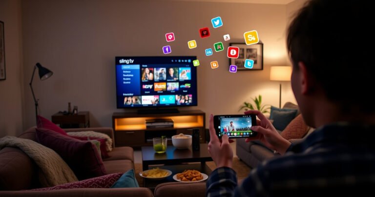A cozy living room with a large flat-screen TV displaying the Sling TV interface, surrounded by plush couches and snacks. A person with a remote is capturing the moment on their smartphone, while colorful streaming icons float in the air. Soft lighting creates a warm, inviting atmosphere, emphasizing the joy of home entertainment.