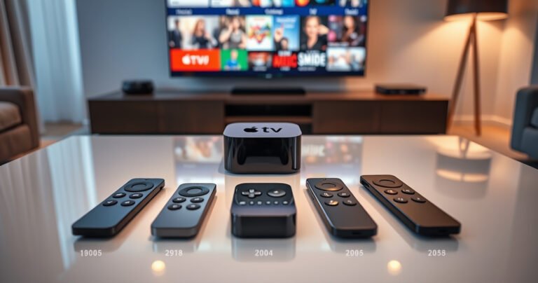 An elegant Apple TV device on a sleek, modern coffee table, surrounded by various generations of remotes, each labeled with their respective model numbers. Soft ambient lighting highlights the glossy surfaces, while a minimalist living room with a large flat-screen TV showcases vibrant streaming content, creating a dynamic contrast between the tech and the cozy environment.