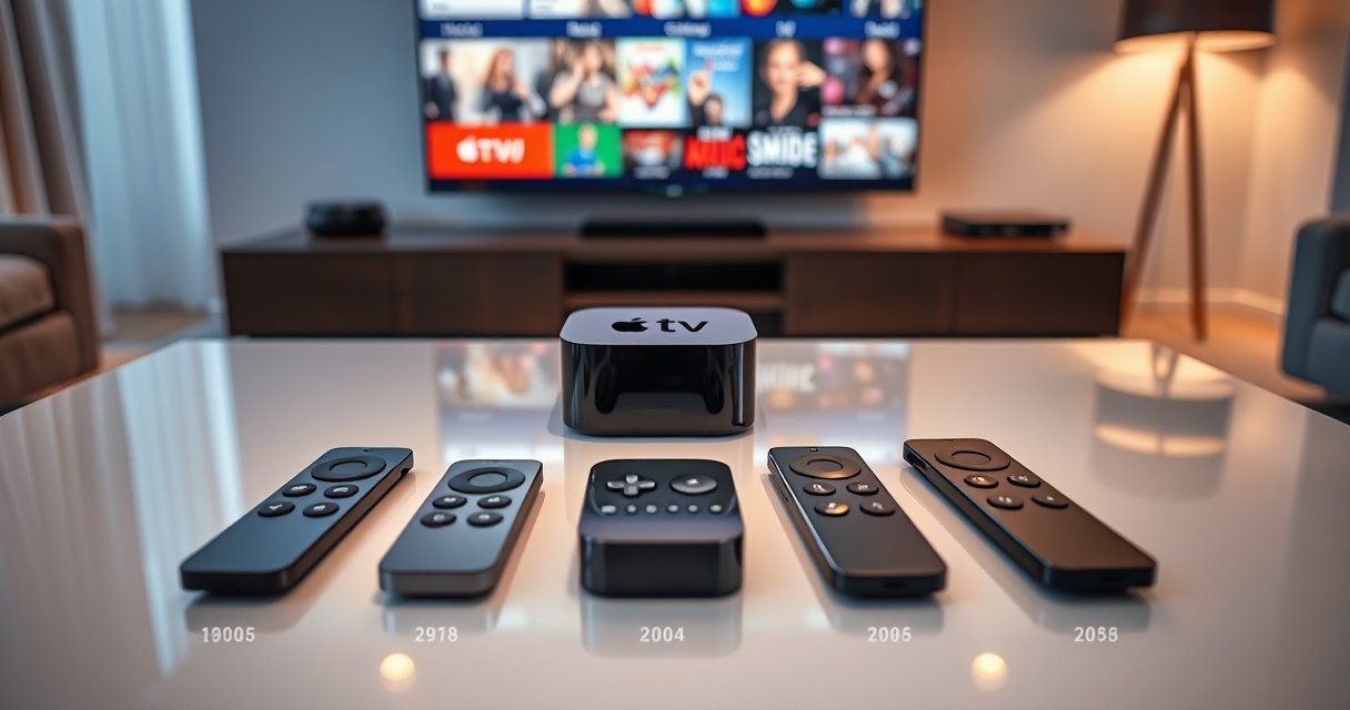 An elegant Apple TV device on a sleek, modern coffee table, surrounded by various generations of remotes, each labeled with their respective model numbers. Soft ambient lighting highlights the glossy surfaces, while a minimalist living room with a large flat-screen TV showcases vibrant streaming content, creating a dynamic contrast between the tech and the cozy environment.