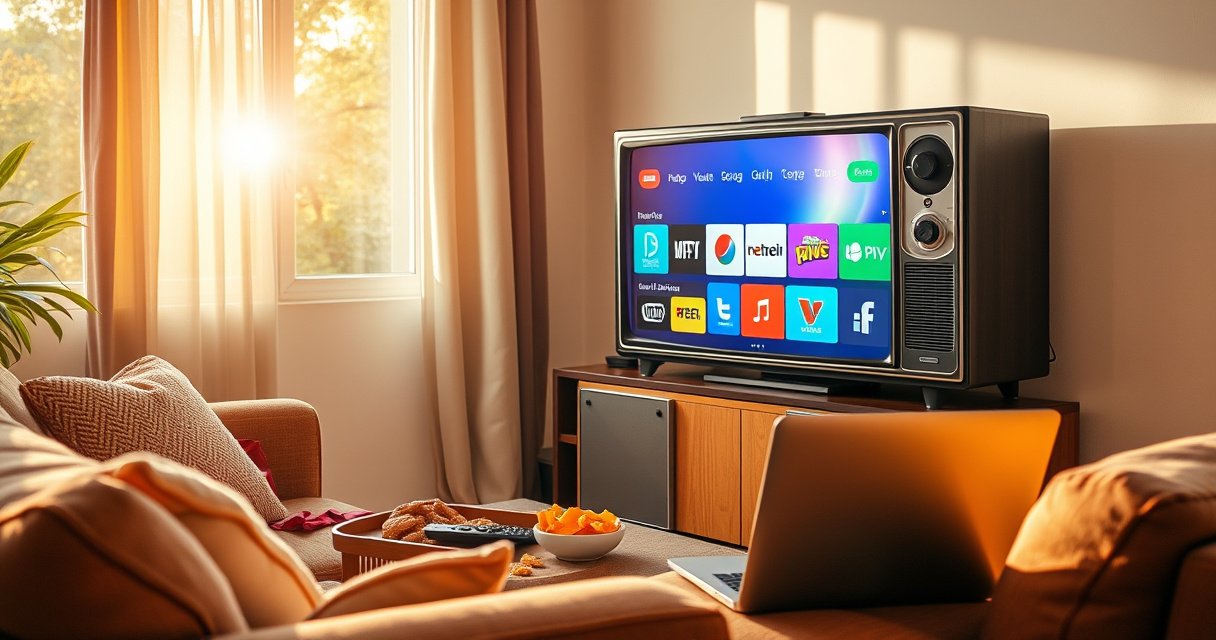 A cozy living room scene with a vintage television displaying colorful streaming icons, surrounded by a plush sofa and snacks. Sunlight filters through a window, illuminating a remote control and a laptop, with a warm atmosphere inviting viewers to explore accessible TV options without cable. A sense of modern comfort and entertainment fills the space.