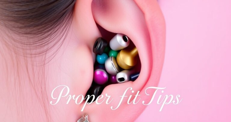 A close-up of a human ear with a colorful array of stylish earbuds nestled perfectly inside, showcasing various shapes and sizes. The background features a soft gradient of pastel colors to enhance focus on the ear and earbuds, with subtle text overlay highlighting “Proper Fit Tips” in an elegant font.