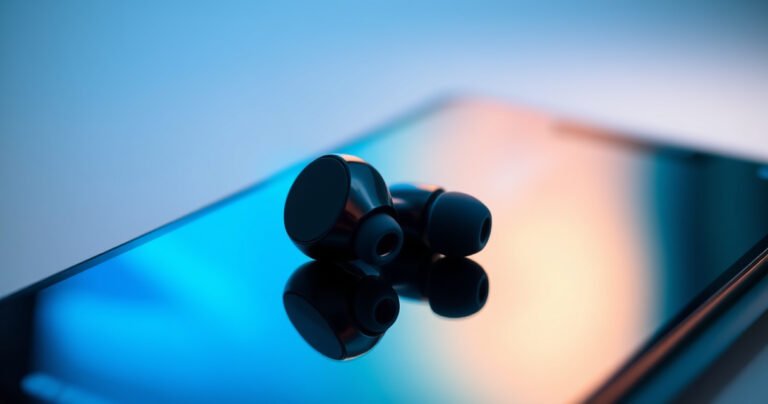 A close-up of sleek, wireless earbuds resting on a modern smartphone screen, with vibrant sound waves visualizing connectivity. The background features a soft gradient of blues and greens, symbolizing technology and communication. Light reflections create a dynamic atmosphere, highlighting the earbuds' design and the phone’s interface, inviting readers to explore the seamless integration of audio technology.