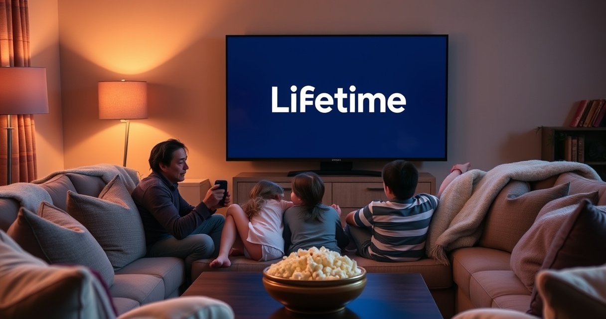A cozy living room scene featuring a modern smart TV displaying the Lifetime logo, surrounded by plush furniture and warm lighting. A family sits together on the couch, eagerly interacting with a remote control. Soft blankets drape over the armrests, and a bowl of popcorn sits on a coffee table, creating an inviting atmosphere for streaming.