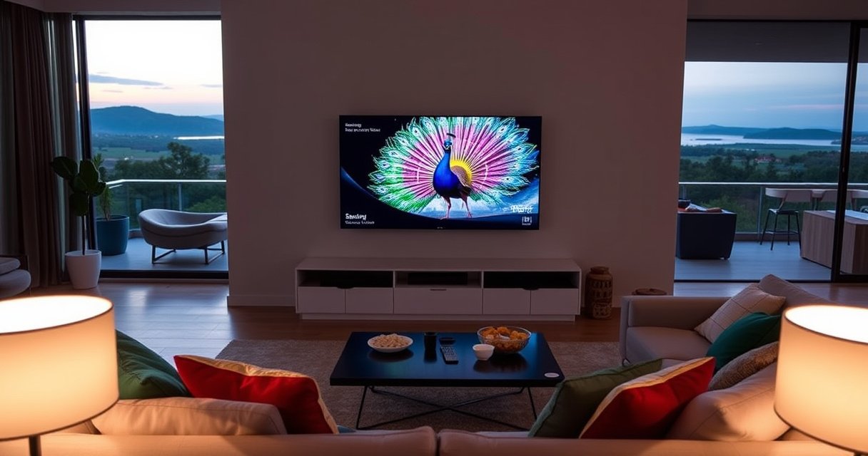 A sleek living room featuring a modern Samsung Smart TV displaying vibrant Peacock streaming content, surrounded by stylish furniture and soft, ambient lighting. A cozy couch with colorful cushions, a coffee table with snacks, and a large window revealing a scenic outdoor view, inviting a sense of relaxation and entertainment.