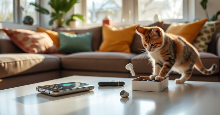 A serene, modern living room with a cozy couch scattered with colorful cushions, sunlight streaming through large windows. On a sleek coffee table, a pair of Samsung earbuds rests beside a smartphone displaying a location tracking app. In the background, a playful cat curiously paws at a small, open box of tech accessories.