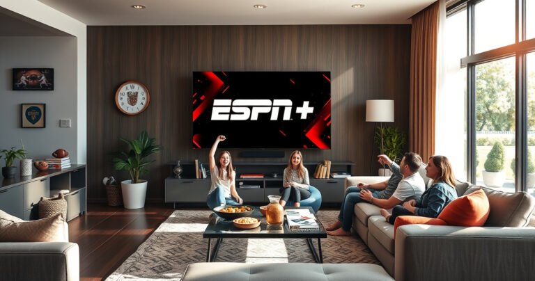 A sleek modern living room featuring a large smart TV displaying the ESPN+ logo. A family excitedly gathers on a plush couch, with snacks on the coffee table, surrounded by vibrant sports memorabilia. Sunlight streams through large windows, highlighting a cozy atmosphere filled with enthusiasm for sports streaming.
