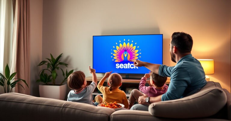 A cozy living room featuring a sleek Samsung Smart TV, displaying the vibrant Peacock streaming logo. A family sits on a plush couch, excitedly pointing at the screen, surrounded by colorful snacks. Soft lighting illuminates the room, with a hint of green from potted plants, creating a warm and inviting atmosphere for streaming entertainment.
