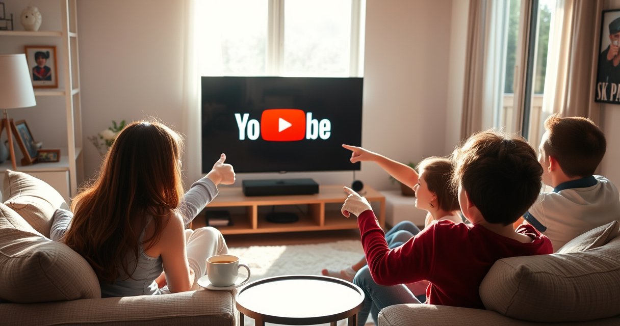 A cozy living room with a modern smart TV displaying the YouTube logo, surrounded by plush cushions and a steaming cup of coffee on a side table. Sunlight filters through a window, casting warm hues, while family members excitedly gather around, pointing at the screen, immersed in the joy of watching together.