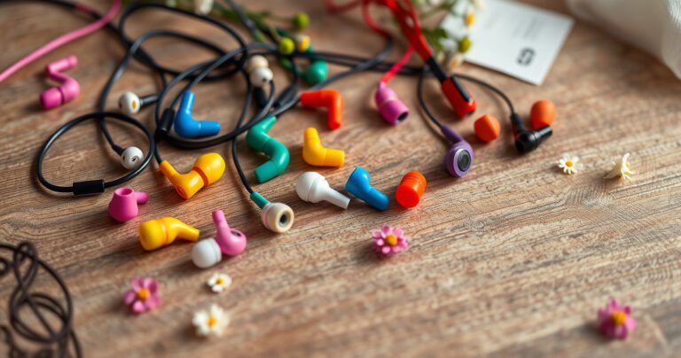 A vibrant scene of colorful earbuds in various styles and designs, artistically arranged on a textured wooden surface, surrounded by playful elements like music notes and small flowers, with a soft, dreamy background that hints at a cozy, inviting atmosphere, evoking the joy of music and comfort.